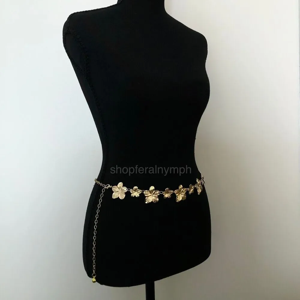 Vintage Y2K Boho Gold Flower Chain Belt, Fits 12.5–36 Inches, X7GA1179